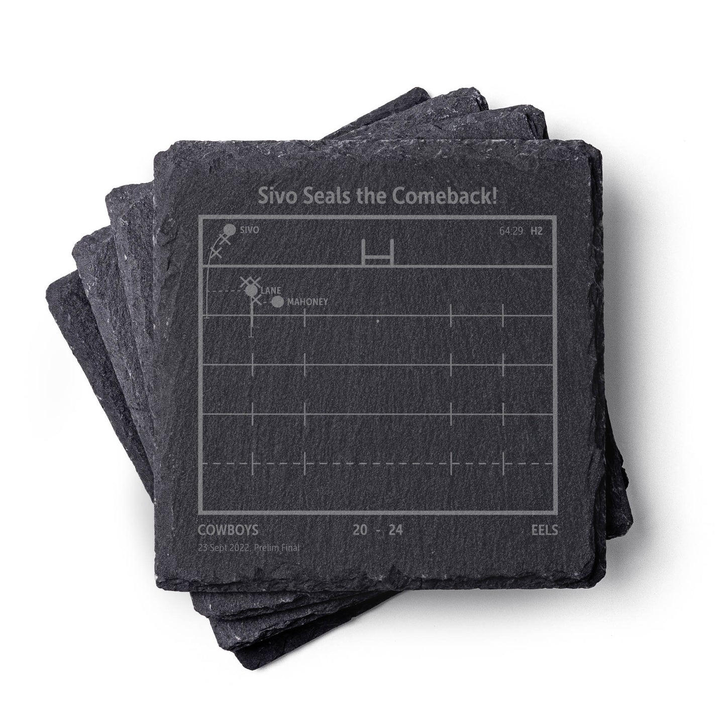 Stack of Parramatta Eels NRL slate coasters with sports-themed design on a white background