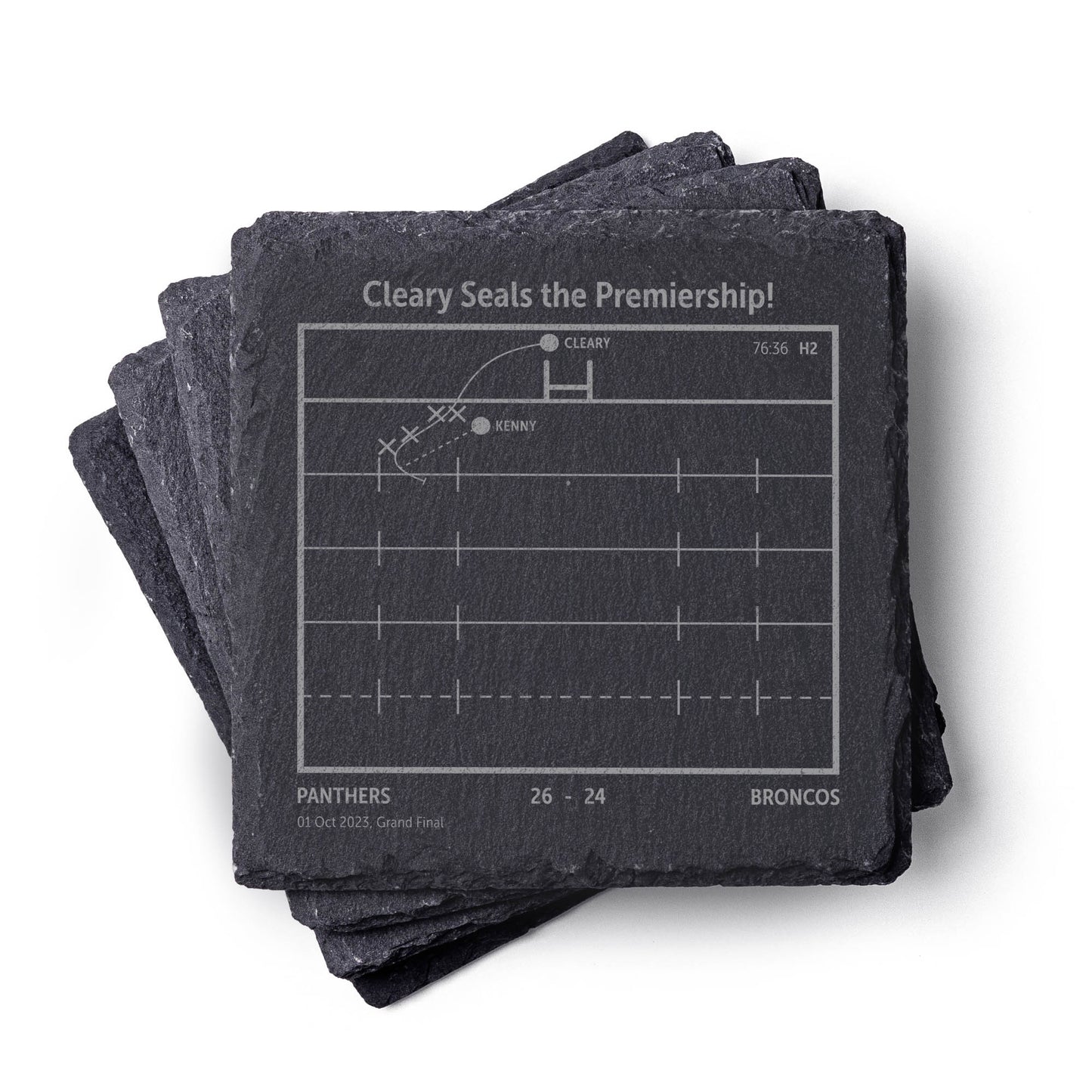 Set of Penrith Panthers NRL slate coasters with sports game score design on a white background