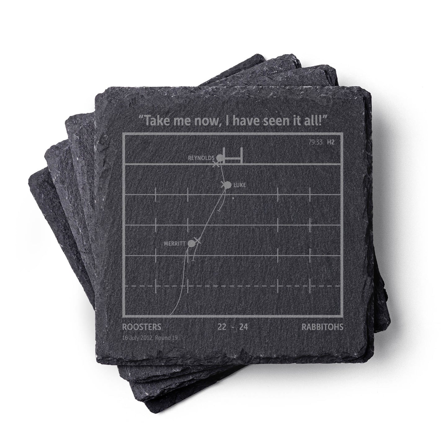 Stack of Rabbitohs NRL slate coasters with a central design and text on a white background
