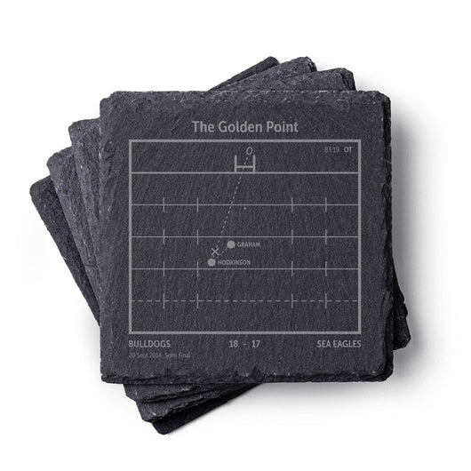 Set of Canterbury Bulldogs NRL slate coasters with playbook  design on a white background