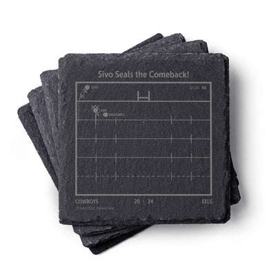 Stack of Parramatta Eels NRL slate coasters with sports-themed design on a white background