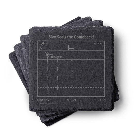 Stack of Parramatta Eels NRL slate coasters with sports-themed design on a white background