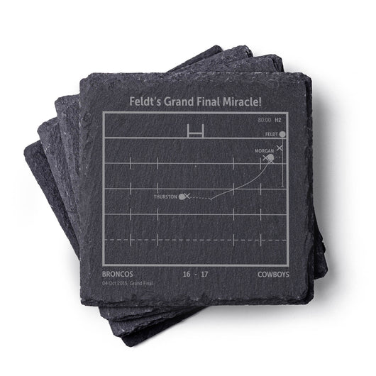Stack of NQLD Cowboys NRL slate coasters with engraved playbook sports design and text on a white background