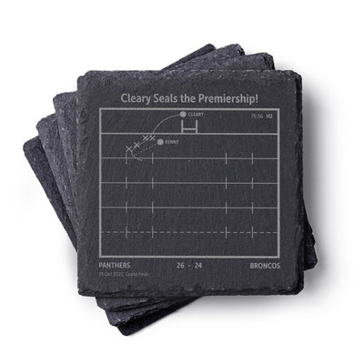 Set of Penrith Panthers NRL slate coasters with sports game score design on a white background